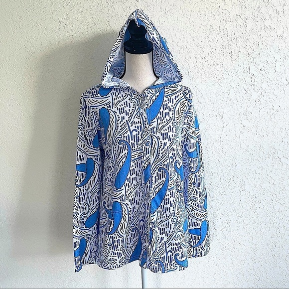 FRESH PRODUCE Blue White Ikat Button Down Hoodie Sweater Paisley Print Small - Picture 1 of 5
